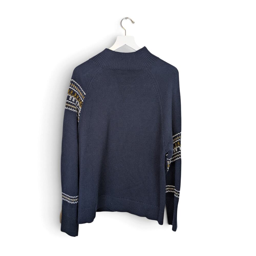 CABI Fair Isle Pullover Sweater Diagonal Zip Ribbed Mock Collar Navy #4231 - XL - Picture 5 of 7